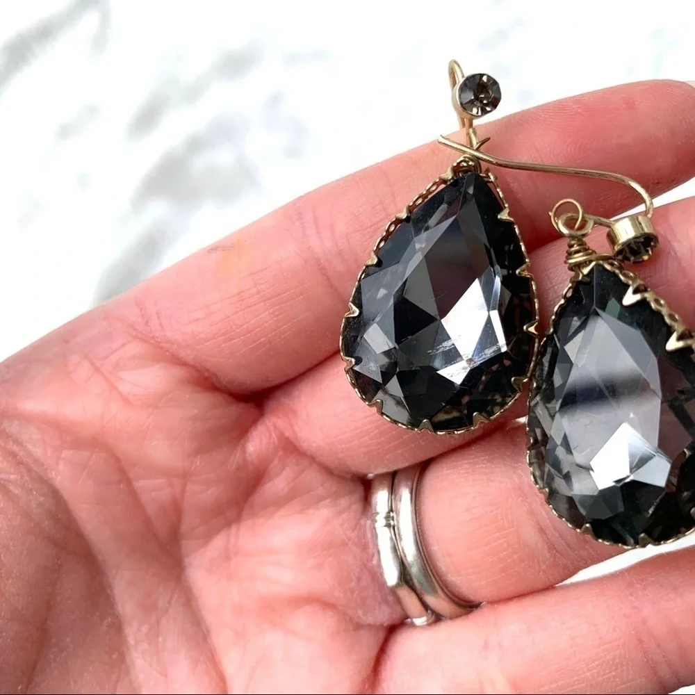 Boutique Black Faceted Teardrop Statement Earrings Gold Tone Faux Crystal Dangle